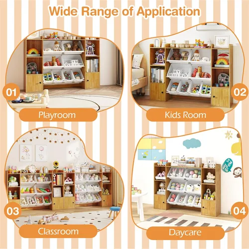 Vista 8 de HONEY JOY Organizador de almacenamiento de juguetes para niños, armario de madera de 56.5 pulgadas de largo con 8 contenedores extraíbles, estantes