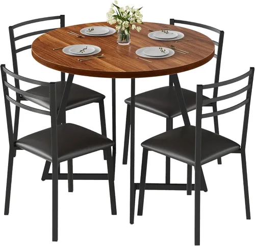 Vista 9 de VECELO Juego de mesa de comedor redonda para 4, mesa de madera y marco de acero resistente, comedor de 5 piezas con sillas para cocina, rincón