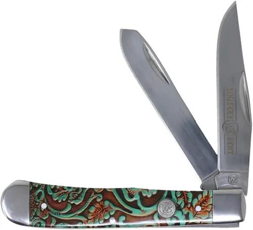 Vista 44 de WHISKEY BENT HAT CO. Navaja de bolsillo plegable tradicional Trapper de 4.125 pulgadas, longitud cerrada, cuchillas de acero inoxidable 440C (azteca)