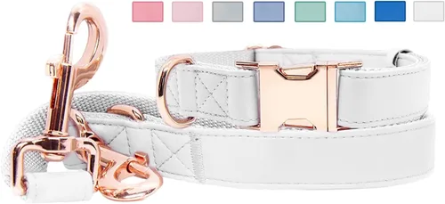 Vista 15 de Juego de collar y correa de cuero suave para perro (6.6 pies), elegante hebilla de metal resistente de oro rosa, correa de 4 longitudes ajustables
