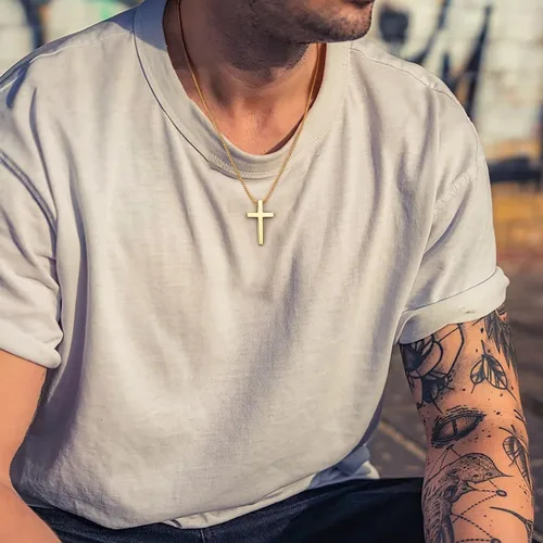 Vista 2 de Ursteel 925 Sterling Silver Cross Pendant Cross Necklace for Men, Mens Cross Necklace 18K Gold Black Silver Stainless Steel Chain Necklace for Men