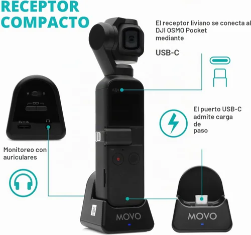 Vista 4 de Movo Edge-OP-Duo - Micrófono de solapa inalámbrico dual para Osmo Pocket 1 y 2, micrófono inalámbrico de solapa con clip, 2 transmisores y receptor