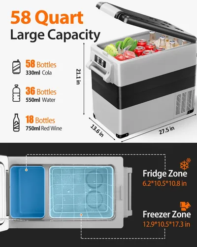 Vista 2 de Feelfunn Refrigerador portátil de 12 voltios para auto - 55 litros, enfriador eléctrico con AC/DC para camión, cámper, furgoneta, refrigerador