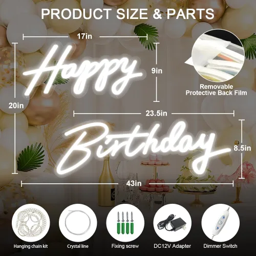 Vista 2 de Letrero de neón de gran tamaño con texto en inglés «Happy Birthday», 2 unidades, letrero luminoso de feliz cumpleaños de 12 V con interruptor