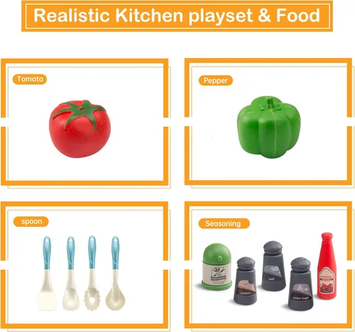 Vista 7 de Bruvoalon Juego de 32 juguetes de cocina para niños, accesorios de cocina con ollas, sartenes, utensilios de cocina, alimentos, verduras enlatadas