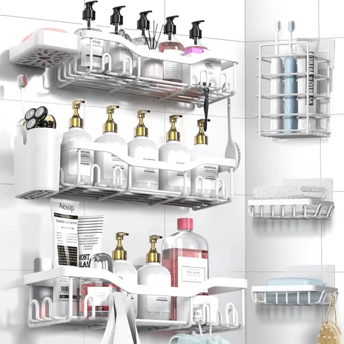 Vista 21 de NESOMI Organizador de Ducha Adhesivo Juego de 7 Piezas, Estantes de Baño de Acero Inoxidable a Prueba de Óxido, Accesorios de Almacenamiento sin