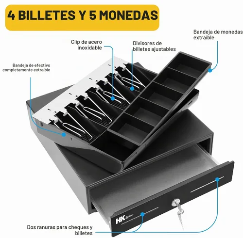 Vista 4 de HK SYSTEMS Cajón manual resistente de 13 pulgadas con 4 billes/5 monedas, hasta extraíble, dos ranuras mediales, color negro 1. Negro.