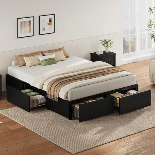 Vista 8 de LIKIMIO Queen Bed Frame with 4 Storage Drawers, Black Queen Size Platform Bed, Heavy Strong Metal Support, Solid Stable, Noise-Free, No Box Spring