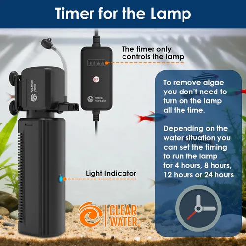 Vista 5 de AquaMiracle Filtro de acuario con luz U - V y esponja de filtro, filtro de tanque de peces con temporizador para agua verde, filtro de tortuga