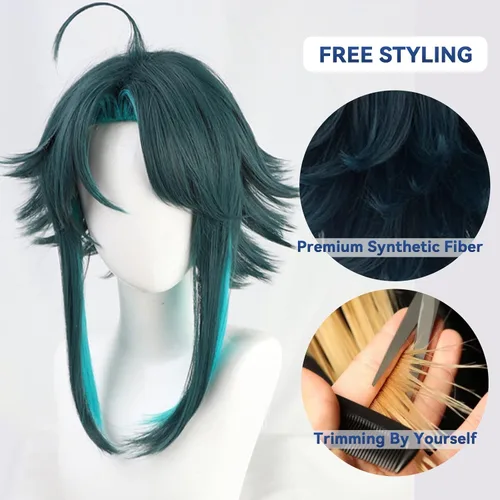 Vista 2 de HAIRCUBE Genshin Impact Xiao - Peluca de cosplay para hombre peluca de cosplay con degradado azul peluca de cosplay esponjosa para juego Xiao peluca