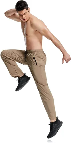 Vista 4 de CUNYI Pantalones deportivos para hombre con bolsillos con cremallera, ligeros, de secado rápido, pantalones de senderismo y correr para hombre