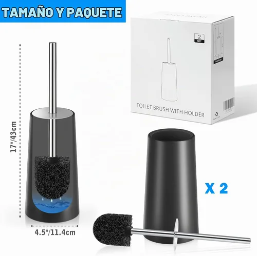 Vista 7 de Juego de escobilla de inodoro y soporte, 2 unidades, escobilla de inodoro con mango largo de acero inoxidable 304, cepillo de inodoro para baño Negro