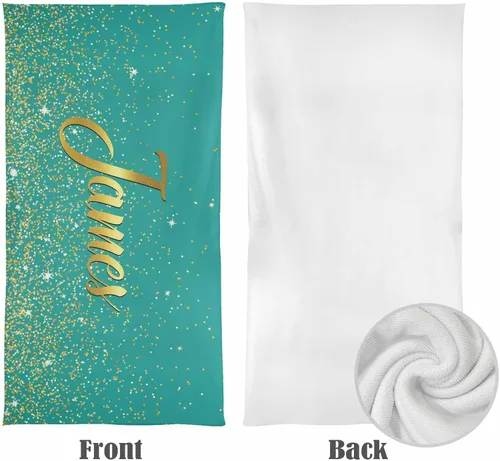 Vista 4 de InterestPrint Toalla de playa personalizada para mujeres y hombres, con texto dorado brillante, color verde, toallas de playa personalizadas