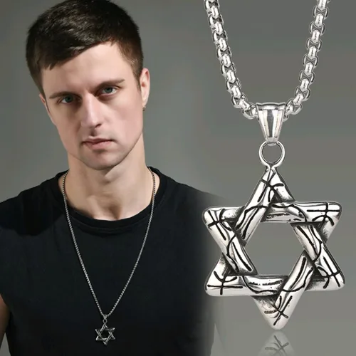 Vista 3 de Collar pentagrama de acero inoxidable para hombre, Acero inoxidable, No es una piedra preciosa