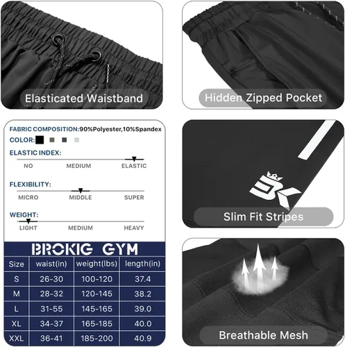 Vista 29 de BROKIG Pantalones deportivos ligeros para hombre, elásticos, de secado rápido, con bolsillos con cremallera