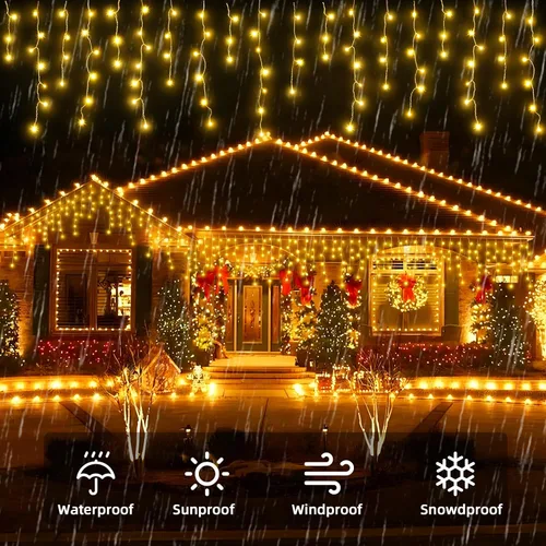 Vista 3 de Luces de Navidad de carámbano para exteriores - 200 LED 6.4+4.9 m 8 modos, cortina de luces de hadas en forma de guirnalda, enchufables