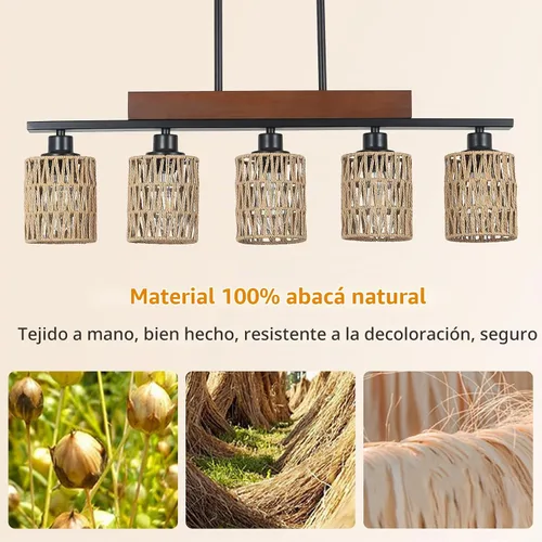 Vista 3 de Candelabros de ratán para comedor, iluminación de isla de cocina bohemia, lámpara lineal de 5 luces, lámpara colgante rectangular, candelabros