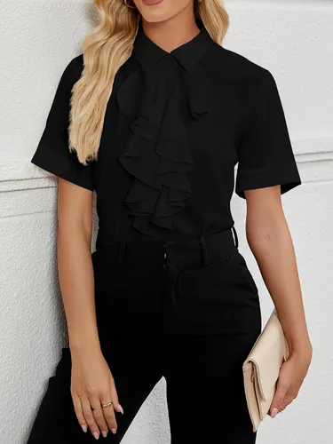 Vista 4 de Vrtige Women's Ruffle Front Collar Neck Button Down Short Sleeve Blouse Shirt Top