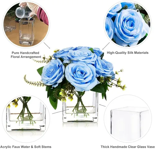 Vista 3 de ENOVA FLORAL 9 cabezas de rosas artificiales en jarrón, rosas falsas con jarrón de cristal para decoración (azul)