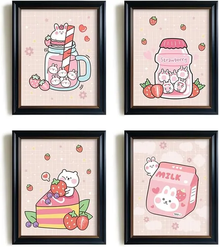 Vista 8 de Decoración de pared de anime japonés Kawaii para comedor, bonita decoración de cocina rosa, carteles estéticos de conejo y fresa, impresiones