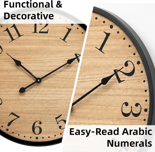 Vista 3 de Reloj de pared rústico para decoración de sala de estar, reloj de pared grande de 24 pulgadas con cara de madera marrón oscuro y marco de metal