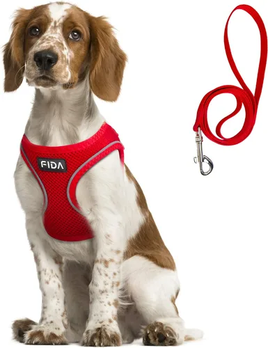 Vista 11 de Fida Cómodo arnés para perro con correa, chaleco suave para cachorros, a prueba de escapes, transpirable y ligero de malla suave, arnés reflectante