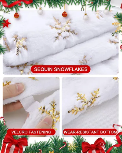 Vista 4 de Falda de árbol de Navidad de 36 pulgadas, falda de árbol de piel sintética blanca con copos de nieve dorados, tapete de árbol de Navidad suave