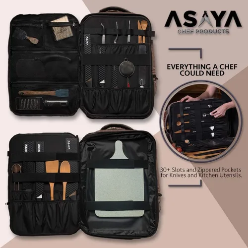 Vista 5 de Asaya Mochila para cuchillos de chef con bolsa enrollable de 20 bolsillos, más de 30 bolsillos para cuchillos, cuchillos no incluidos (marrón)