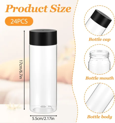 Vista 2 de 24 botellas de plástico transparente, botellas sensoriales vacías con tapas, jugo de plástico PET, reutilizable, a prueba de fugas, contenedor