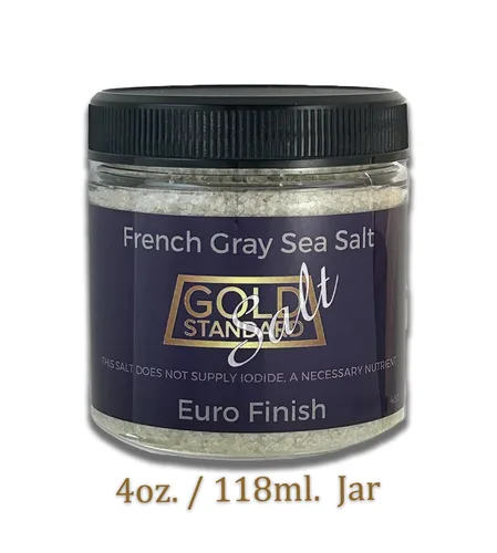 Vista 2 de Sal de acabado gris francés certificado Kosher, gris claro, grano medio, acabado europeo, 4 onzas, uso como está o en un molinillo.