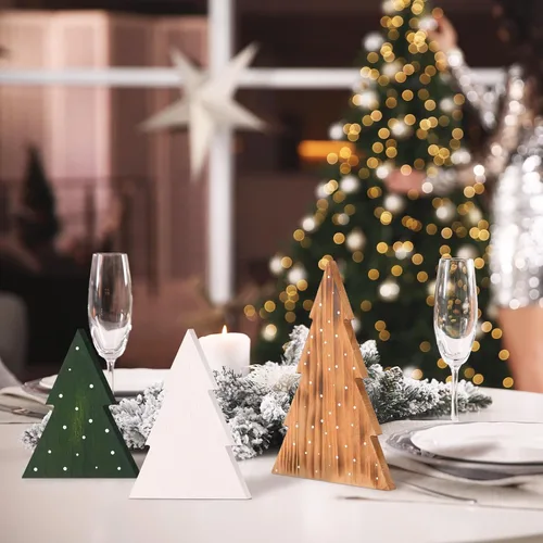 Vista 3 de AceOrbit 3 piezas de decoraciones navideñas rústicas de granja de madera, árboles de Navidad neutros, letreros decorativos de mesa en forma de árbol