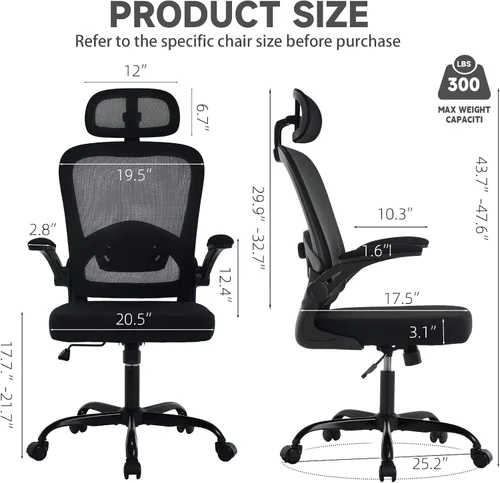 Vista 2 de Silla de oficina ergonómica con soporte lumbar ajustable, silla de escritorio de oficina con reposacabezas ajustable, malla transpirable, cojín