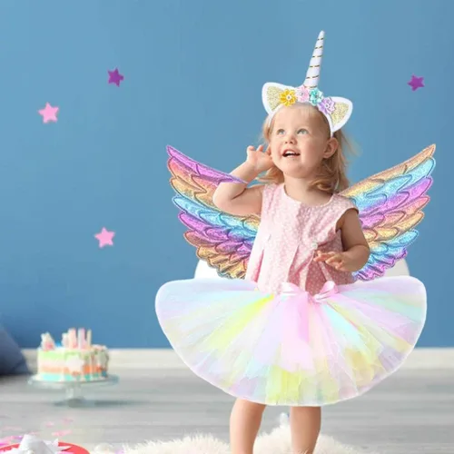 Vista 5 de Enfudid Disfraz de unicornio de princesa para niñas pequeñas, los disfraces de unicornio incluyen falda de malla, diadema de unicornio y ala de ángel