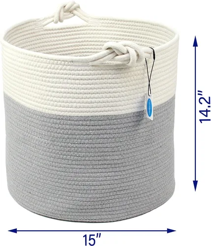 Vista 4 de Casaphoria Cesta de cuerda de algodón tejida con asa para dormitorio, cesta de almacenamiento redonda para baño, canasta grande para manta para sala