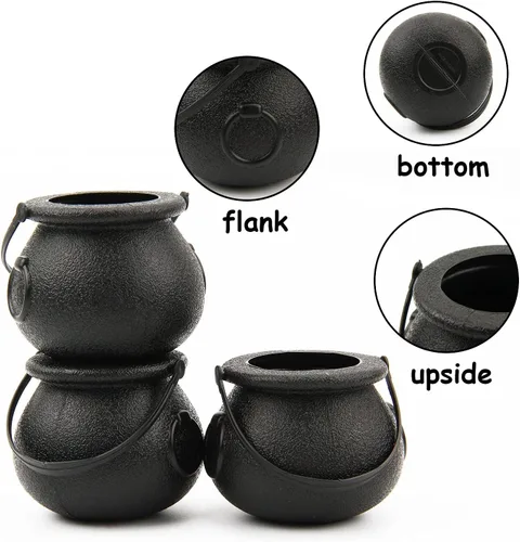 Vista 6 de LOMIMOS 12 mini caldero negro para el día de Halloween, soporte de plástico multiusos para dulces con asa para decoración de fiestas