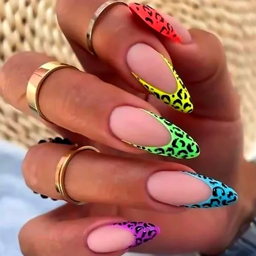 Vista 10 de Uñas postizas largas a presión de almendra, uñas postizas Aurora con punta francesa, 24 unidades, naturales, brillantes, cobertura completa