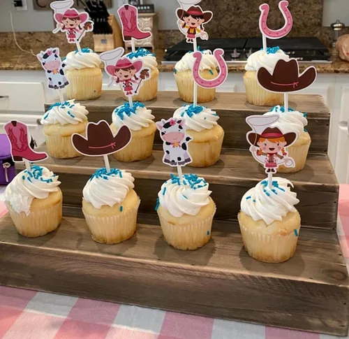 Vista 3 de 12 piezas de decoración de cupcakes de vaquera, decoración de cumpleaños, suministros de fiesta de cumpleaños, temática de baby shower para niñas