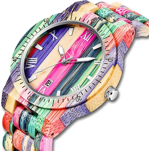 Vista 2 de Tiong Brand Wooden Watches Mens with Handmade Colorful Bamboo Wood Watch Analog Date Quartz Wooden Watch for Men