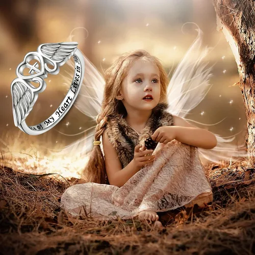 Vista 8 de FLYOW Anillo de plata de ley S925 A Piece of My Heart Lives in Heaven con alas de ángel para mujer, joyería de recuerdo de mamá, papá, abuela