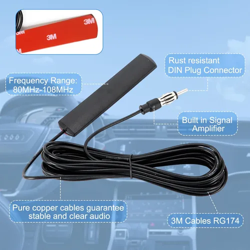 Vista 2 de Antena de radio universal para automóvil, AM FM, antena de parche de montaje adhesivo para parabrisas oculto con cable y conector de enchufe DIN