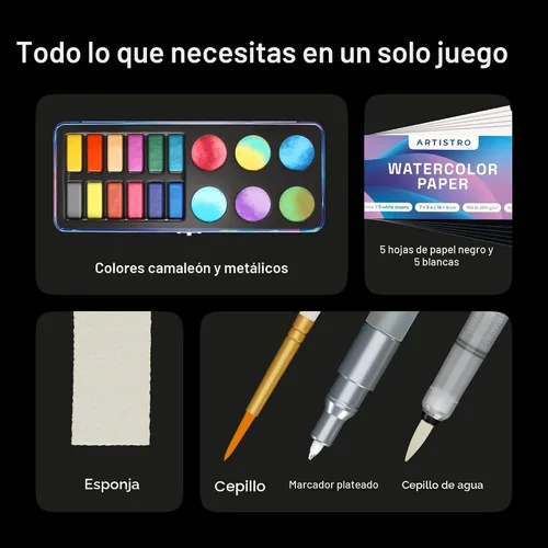 Vista 2 de ARTISTRO Juego de 18 pinturas de acuarela metálicas, juego de paleta que incluye 12 acuarelas metálicas con purpurina y 6 colores camaleón. Juego