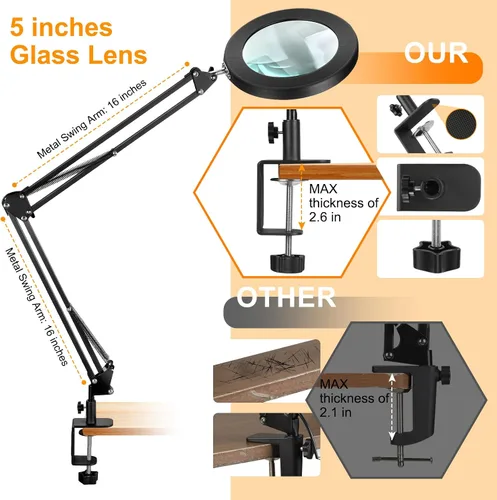 Vista 6 de Lupa grande de 12X con luz, lupa iluminada con soporte de cristal real de 5 pulgadas, 3 modos de color, lámpara de escritorio con lupa LED regulable