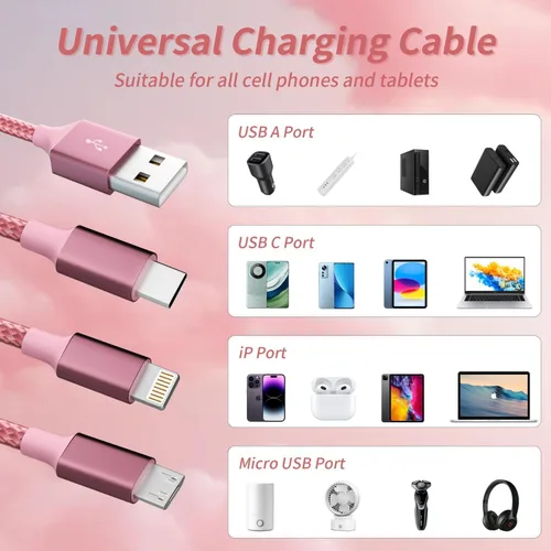 Vista 5 de Cable de carga múltiple, cable de carga 3 en 1 para múltiples dispositivos, cable USB universal con tipo C/IP/micro USB para iPhone