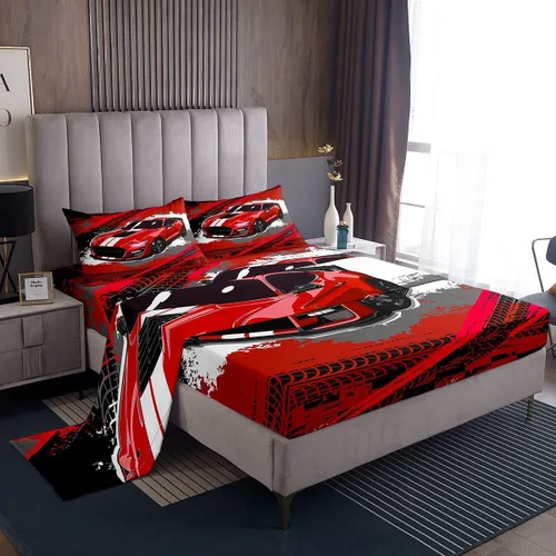Vista 11 de Erosebridal Red Race Car - Juego de sábanas para niños y adolescentes, tamaño individual, juego de 3 piezas, sábana bajera + sábana encimera + 1