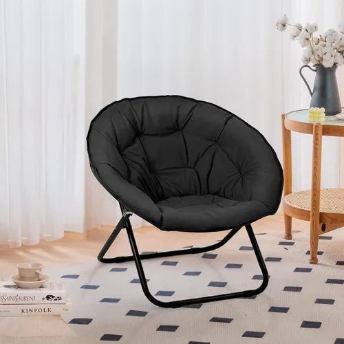 Vista 3 de Grezone Silla plegable de piel sintética, silla plegable portátil de luna suave para dormitorio, dormitorios, apartamentos, descanso, jardín y Negro