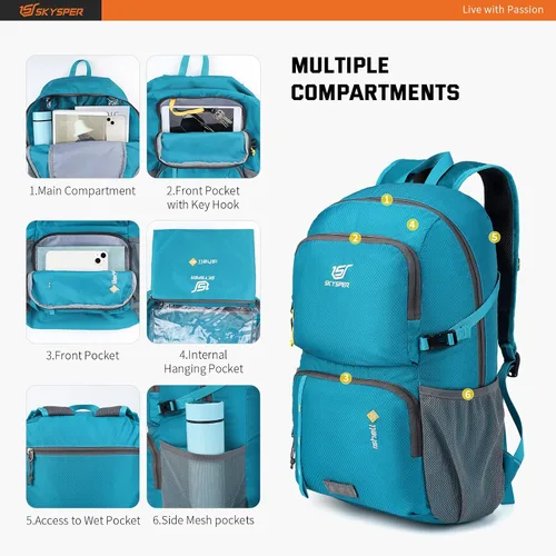 Vista 2 de SKYSPER Mochila ligera y plegable – Mochila de senderismo de 30L con bolsillo húmedo, mochila plegable de viaje para mujeres y hombres
