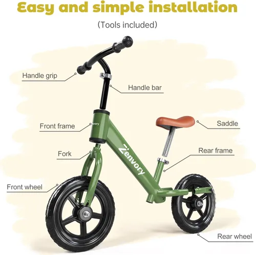 Vista 7 de Toddler Balance Bike Age 2-5, 12 Inches, Tool-Free Adjustable Verde oliva