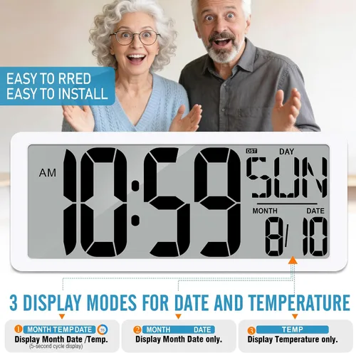 Vista 8 de Reloj de pared digital grande de 15 pulgadas con temporizador, pantalla de 8 idiomas para días de semana, temperatura y fecha, 3 alarmas