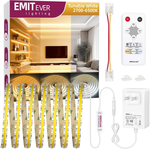 Vista 10 de EMITEVER COB Tira de luz LED sintonizable blanca 2700K-6500K, kit de cinta LED CCT regulable de 24 V de 16.4 pies, alta densidad 3200 LED CRI90+