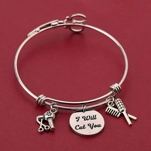 Vista 6 de HOLLP Pulsera extensible para peluquería para estilista de peluquería, regalo con texto en inglés "I Will Cut You", joyería de peluquería con peine